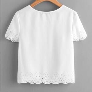 White Short Sleeve Top with Scalloped Laser Cut Edges